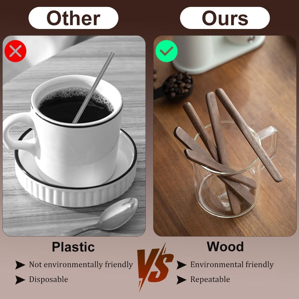 4Pcs Black Walnut Wood Coffee Stirrers 6″ Reusable Wooden Drink Stir Sticks for Coffee, Tea, Milk, Chocolate & Jam Spreader