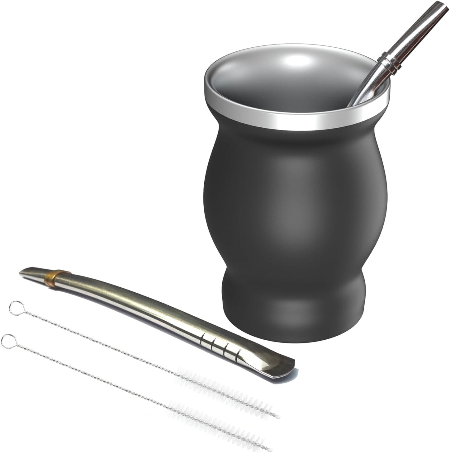Beruth 8oz Yerba Mate Cup Set, Double Wall 304 Stainless Steel Mate Gourd, Heat Insulated Mug & Anti-Scalding Design, Includes 2 Bombillas & Cleaning Brush （Black）
