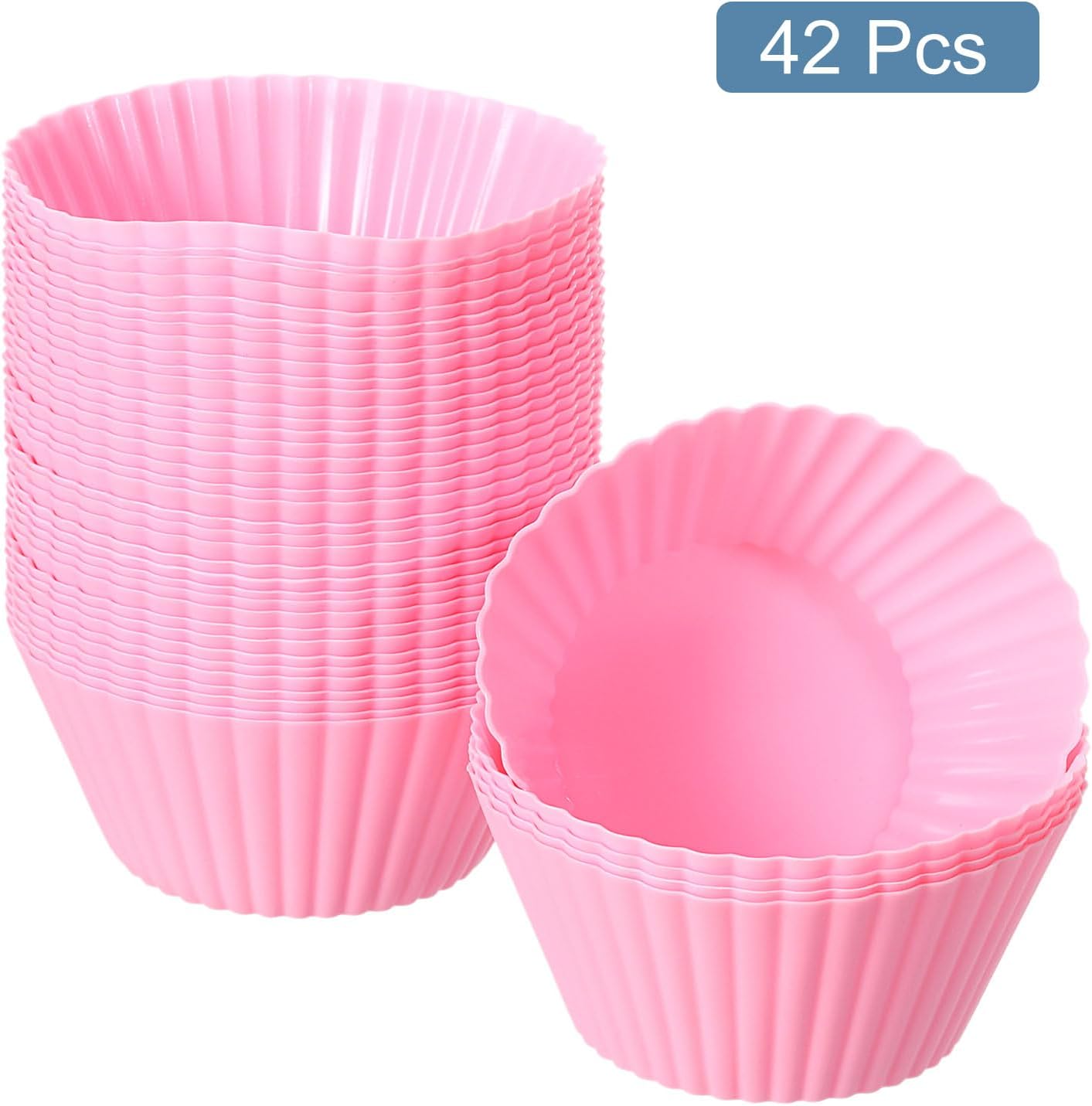 uxcell 42Pcs Silicone Cupcake Liners, Non-Stick Baking Cups, for Cooking Eggs, Baking Muffins and Make a Cake(Pink)