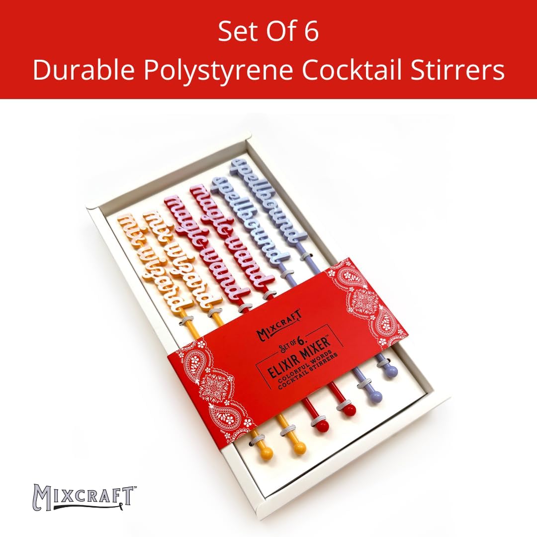 Elixir Mixer Cocktail Stirrers, Drink Stirring Swizzle Sticks, Colorful Words, Set of 6