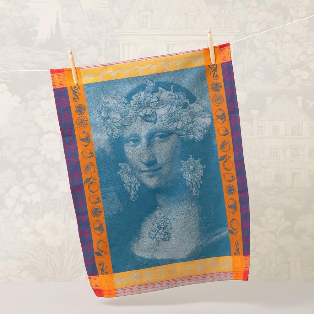 Garnier Thiebaut Mona Lisa Bleu (Mona Lisa Blue) French Kitchen Towel 22"x30", Cotton, Jacquard