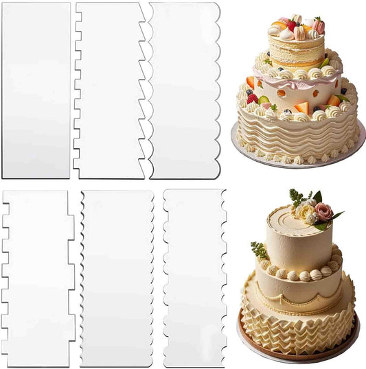 6-Piece Clear Acrylic Cake Decorating Scraper Set – Large Icing Smoothers and Edge Combs for Buttercream, Frosting, Mousse, and Baking Projects