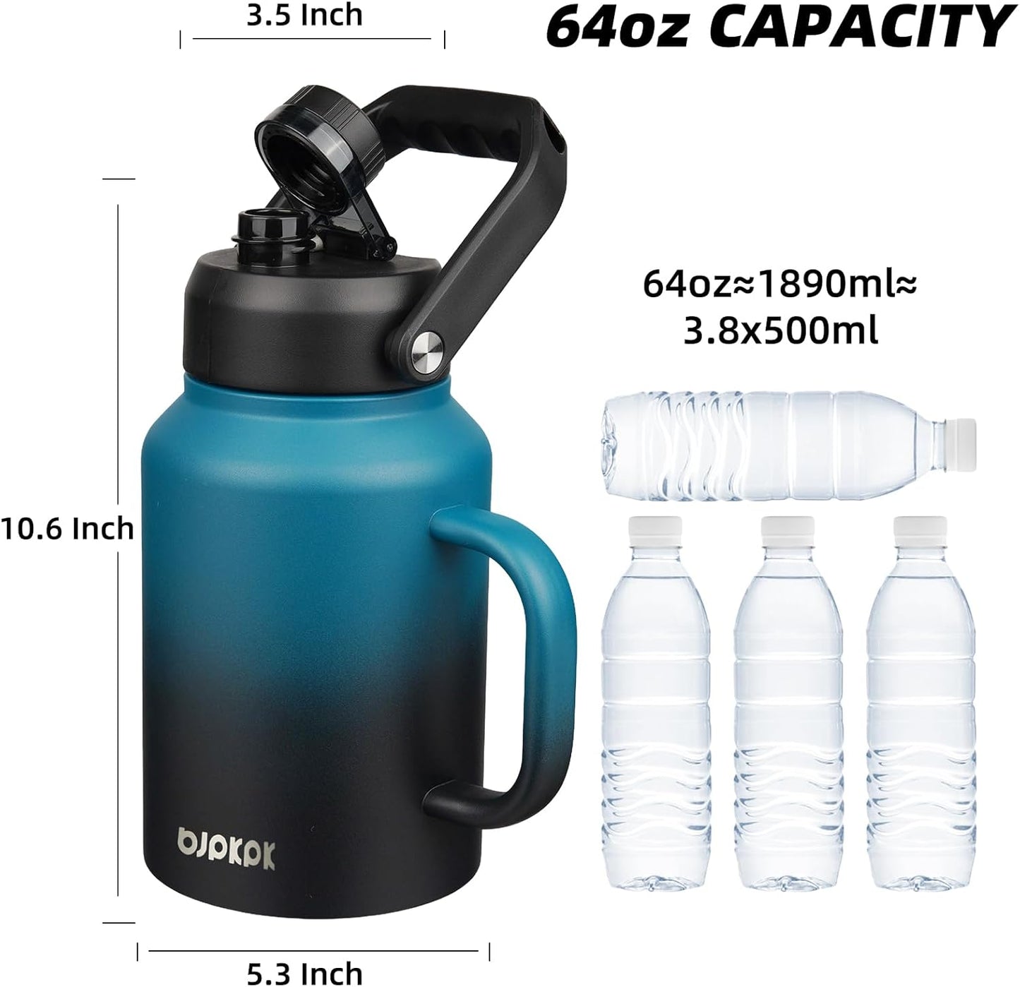 BJPKPK 64oz Insulated Water Bottle with Handle, Large Dishwasher Safe Half Gallon Water Bottle, BPA Free Water Jug, Wide Mouth Metal Water Bottle with Anti-slip Bottom, Keep Cold & Hot, Blue & Black