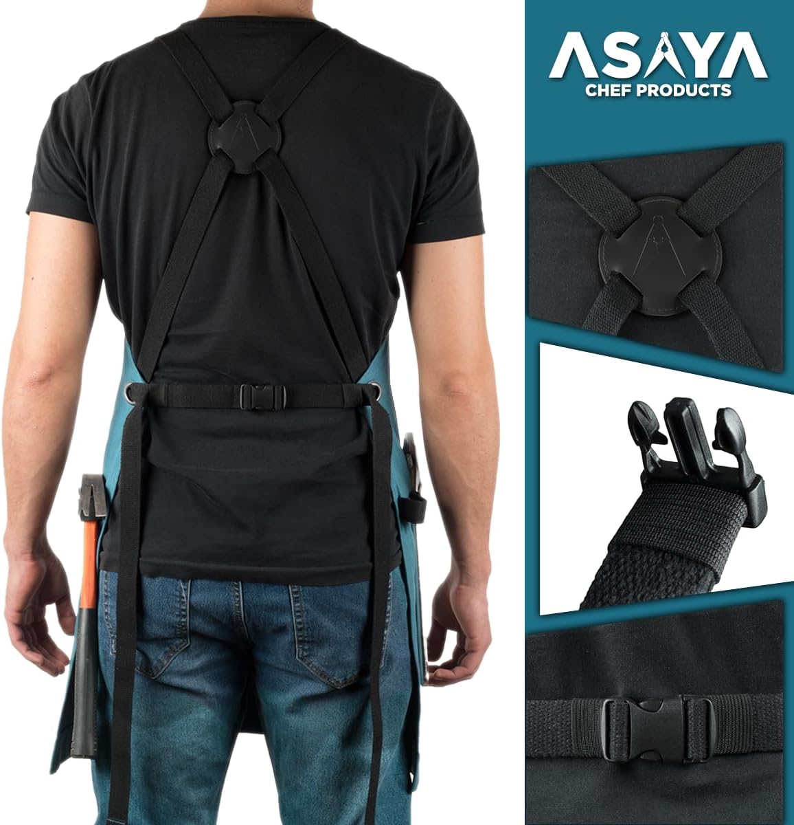 Asaya Chef and BBQ Apron with Bottle Opener and Hand Towel - 10oz Cotton Canvas, Stainless Steel Hardware - Cross Back Straps