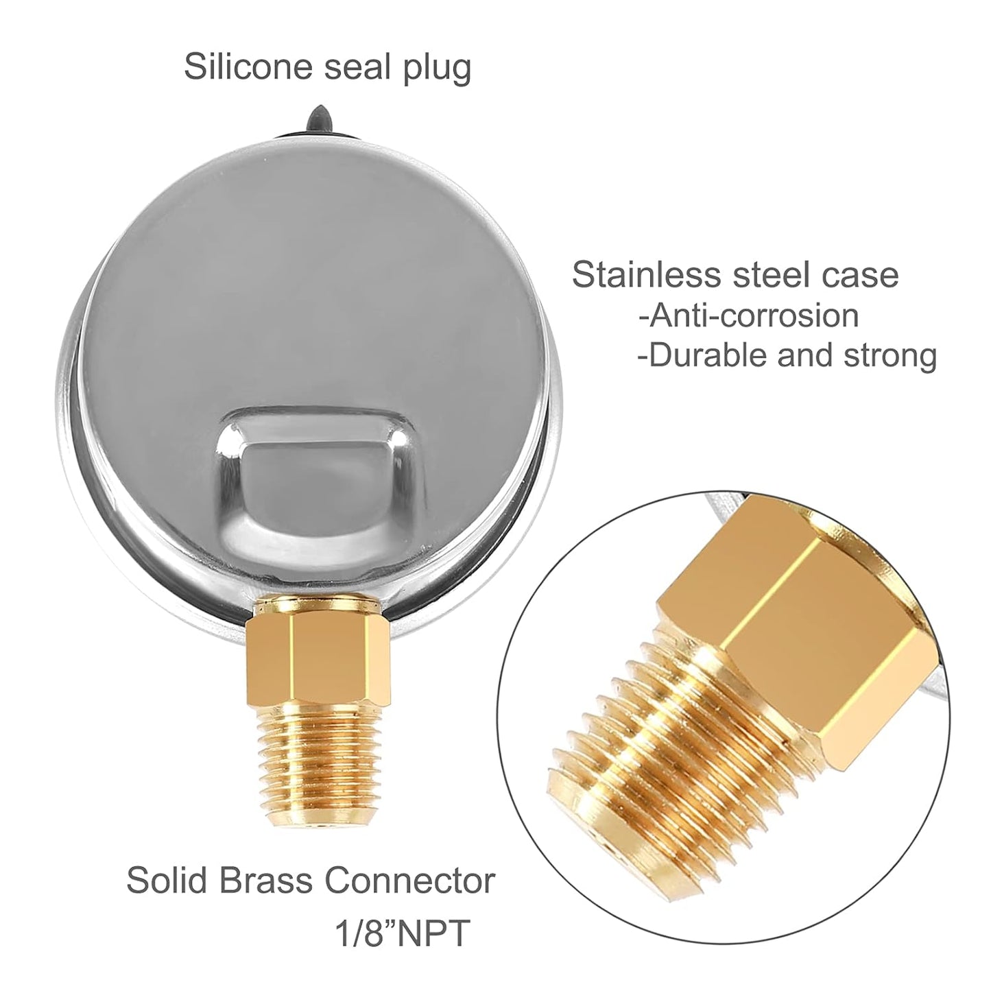 Glycerin Filled Pressure Gauge with 304 Stainless Steel Case, 1-1/2" Dial Size, 0-200Psi, High Accuracy, 1/8" NPT Center Lower Mount with Single Scale (psi).