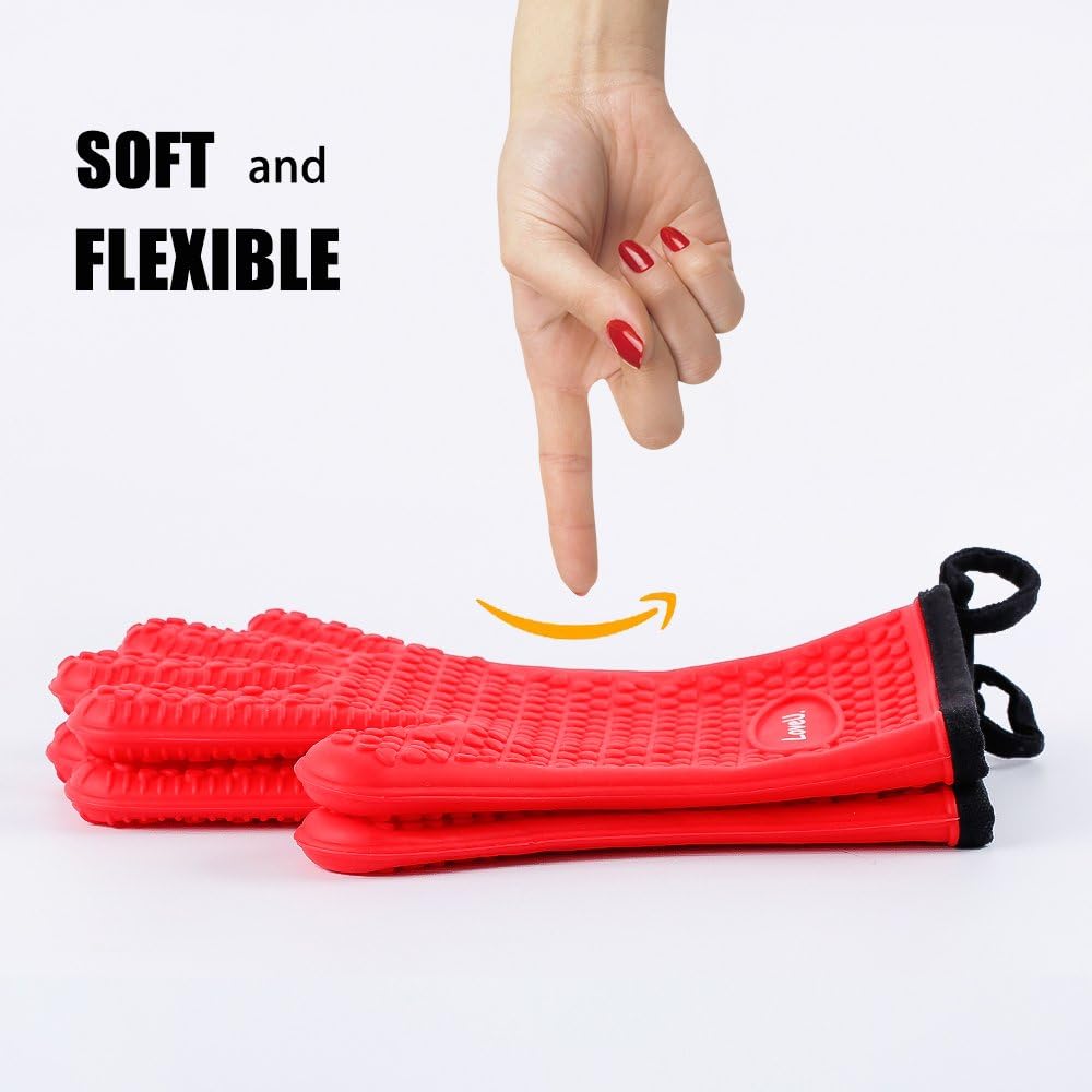 Kitchen Oven Gloves - Dual-Layer Heat Resistant Grilling Gloves, Silicone Oven Mitts with 5 Fingers, Waterproof Non-Slip Pot Holder for Barbecue, Cooking, Baking (Red)