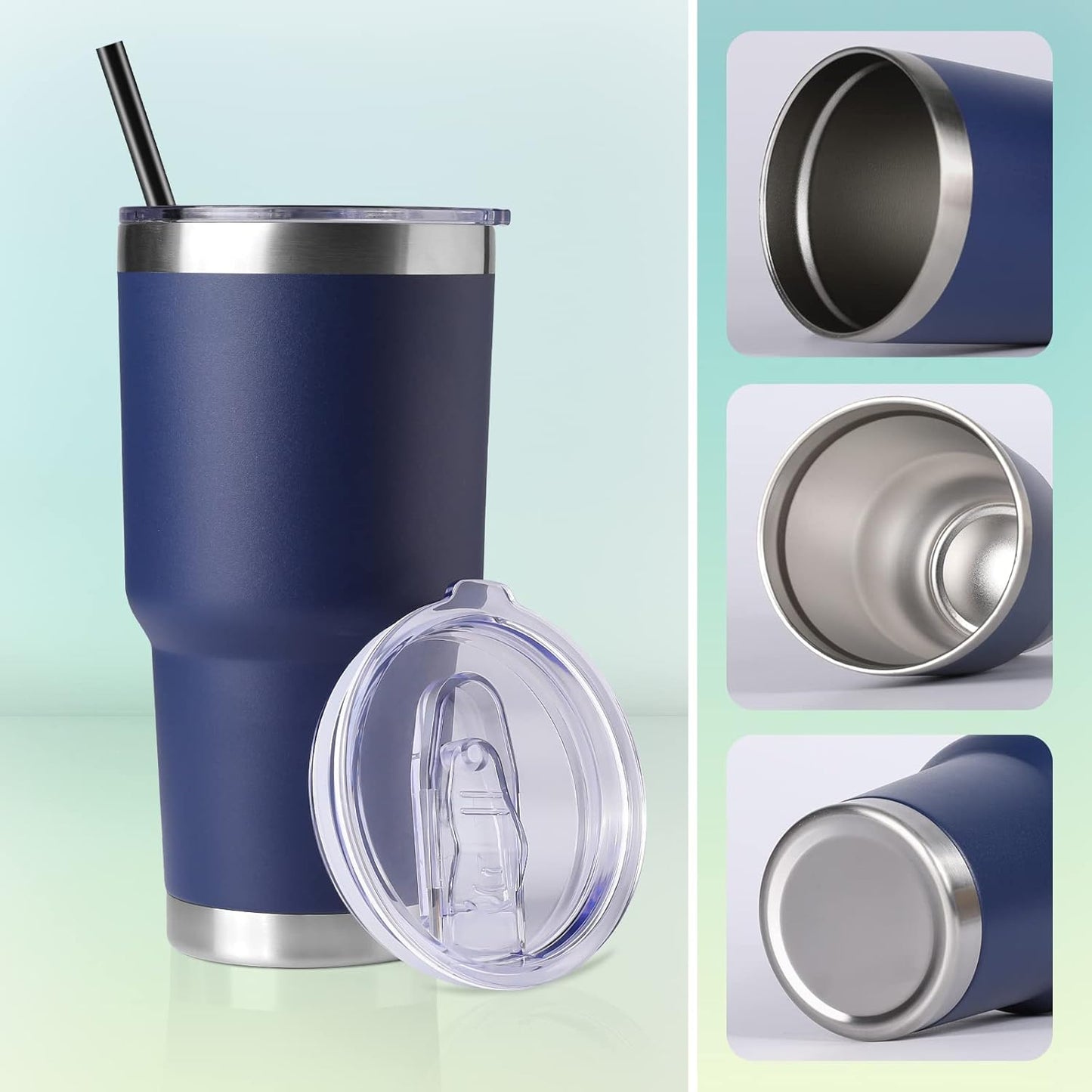 DOMICARE 30 oz Tumbler with Lid and Straw, Stainless Steel Tumblers Bulk, Insulated Vacuum Double Wall Travel Coffee Mug, Durable Powder Coated Tumbler Cups (Navy, 4)