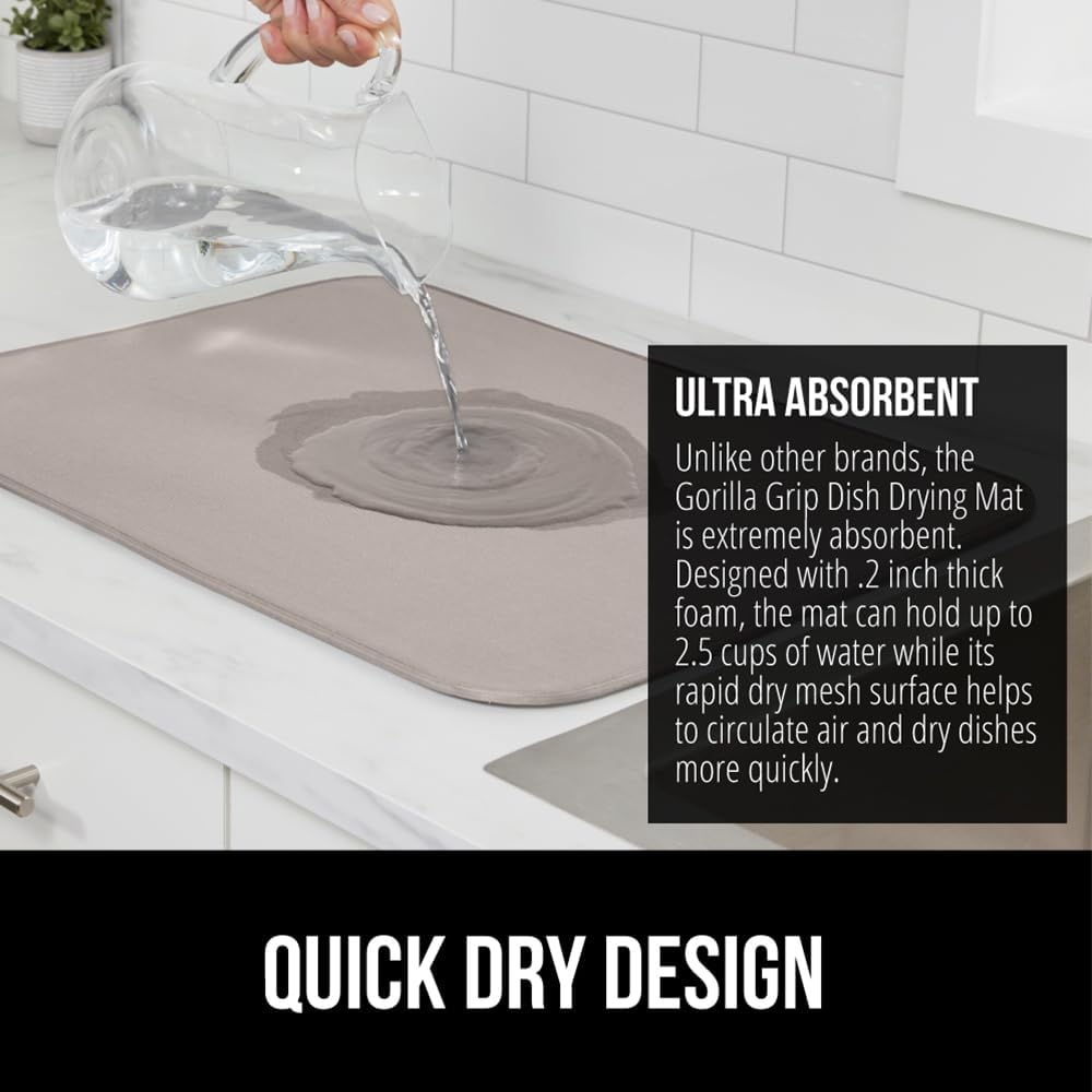 GORILLA GRIP Ultra Water Absorbent Microfiber Dish Drying Mat, 18x32, Quick Dry Thick Mesh, Slip Resistant Pad for Sink Dishes or Under Rack, Kitchen Counter Accessories, Machine Wash Mats, Almond