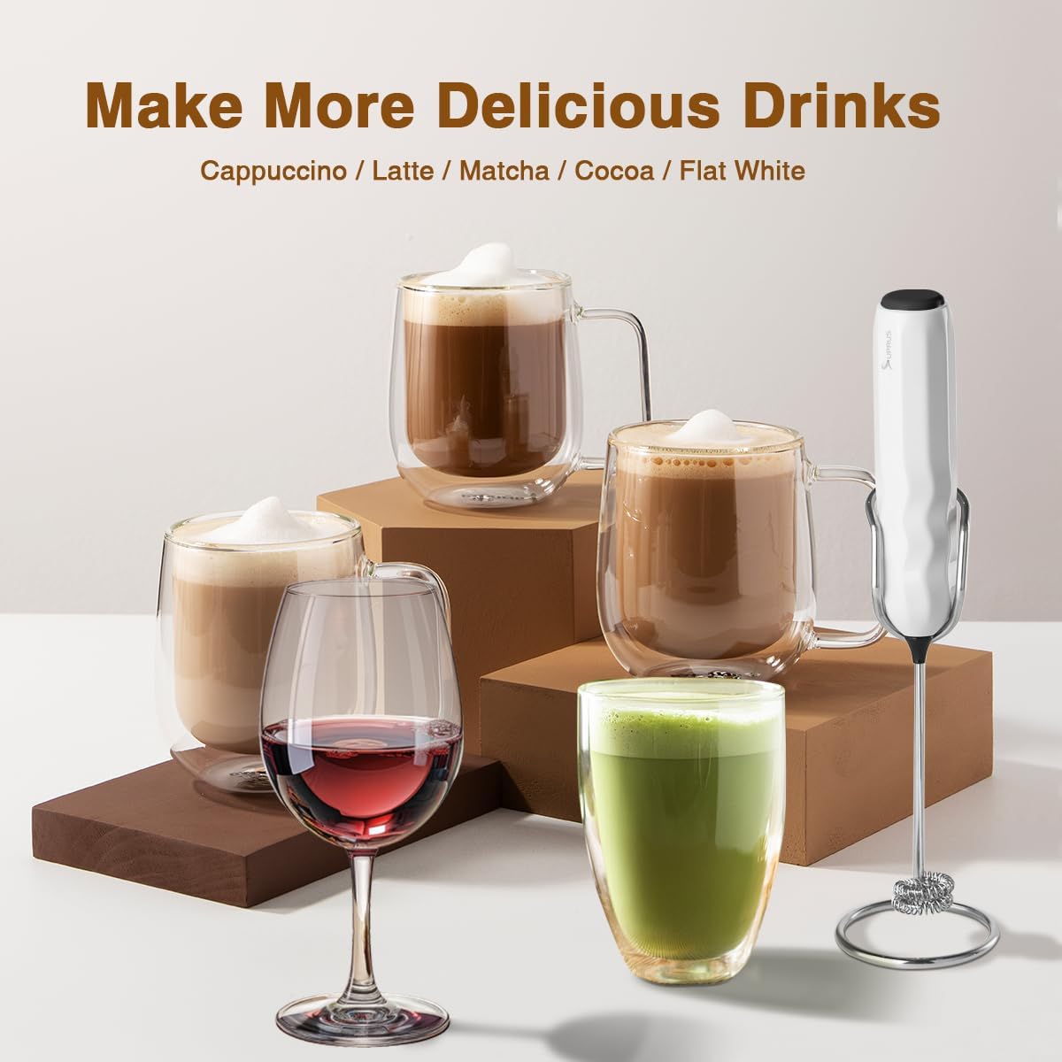 SUPRUS Ultra Fast Handheld Milk Frother Double Whisk with Stand 2 Batteries Stainless Steel for Lattes Cappuccino Matcha Hot Chocolate Coffee Bar Accessories Kitchen Gadgets Gift