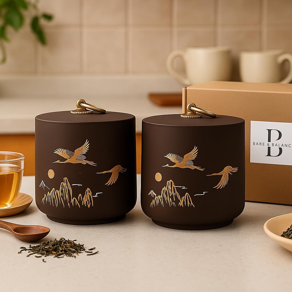 Bare & Balanced Premium Ceramic Tea Canister Set – Handcrafted Storage Jars with Airtight Lids | Crane & Mountain Design | Ideal for Tea, Coffee, Spices | Gift-Ready Box (Charcoal Brown)