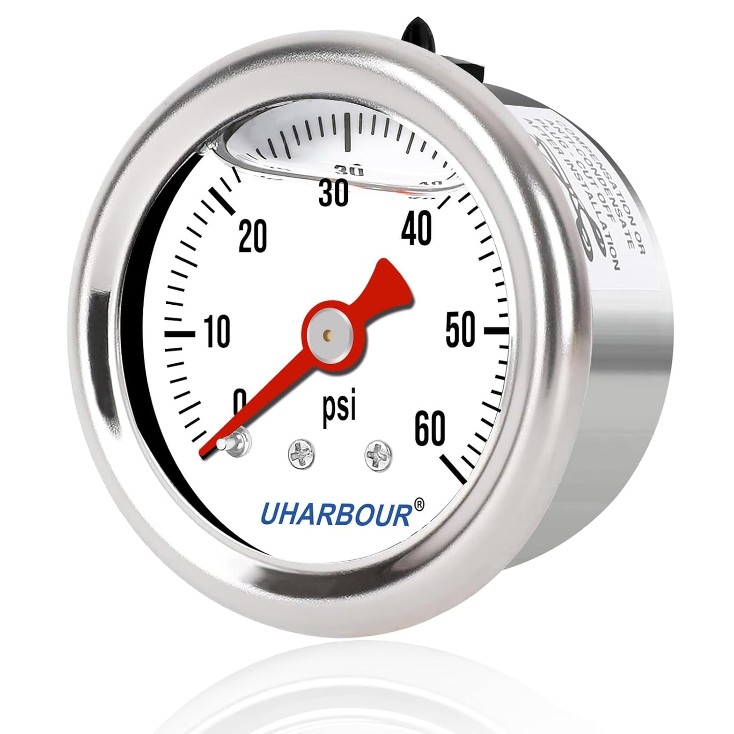 Glycerin Filled Pressure Gauge with 304 Stainless Steel Case, 1-1/2" Dial Size, 0-60Psi, High Accuracy, 1/8" NPT Center Back Mount