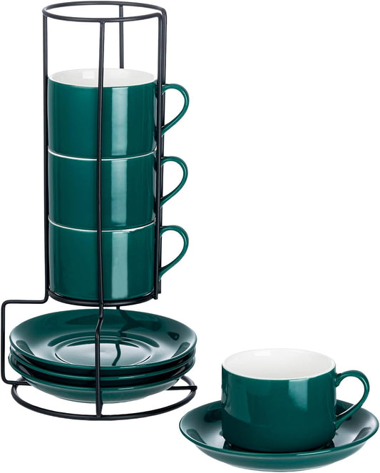 8oz Porcelain Stackable Cappuccino Cups with Saucers and Metal Stand Set of 4, Coffee Cups for Espresso, Specialty Coffee Drinks, Latte, Americano and Tea - Green