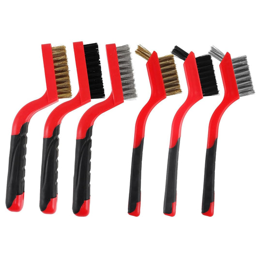 A A IN Wire Brush Set,6 Pcs Brass/Stainless Steel/Nylon Wire Brushes for Cleaning with Curved Handle Grip for Rust Removal, Dirt, Paint Scrubbing,7 Inches (Red)