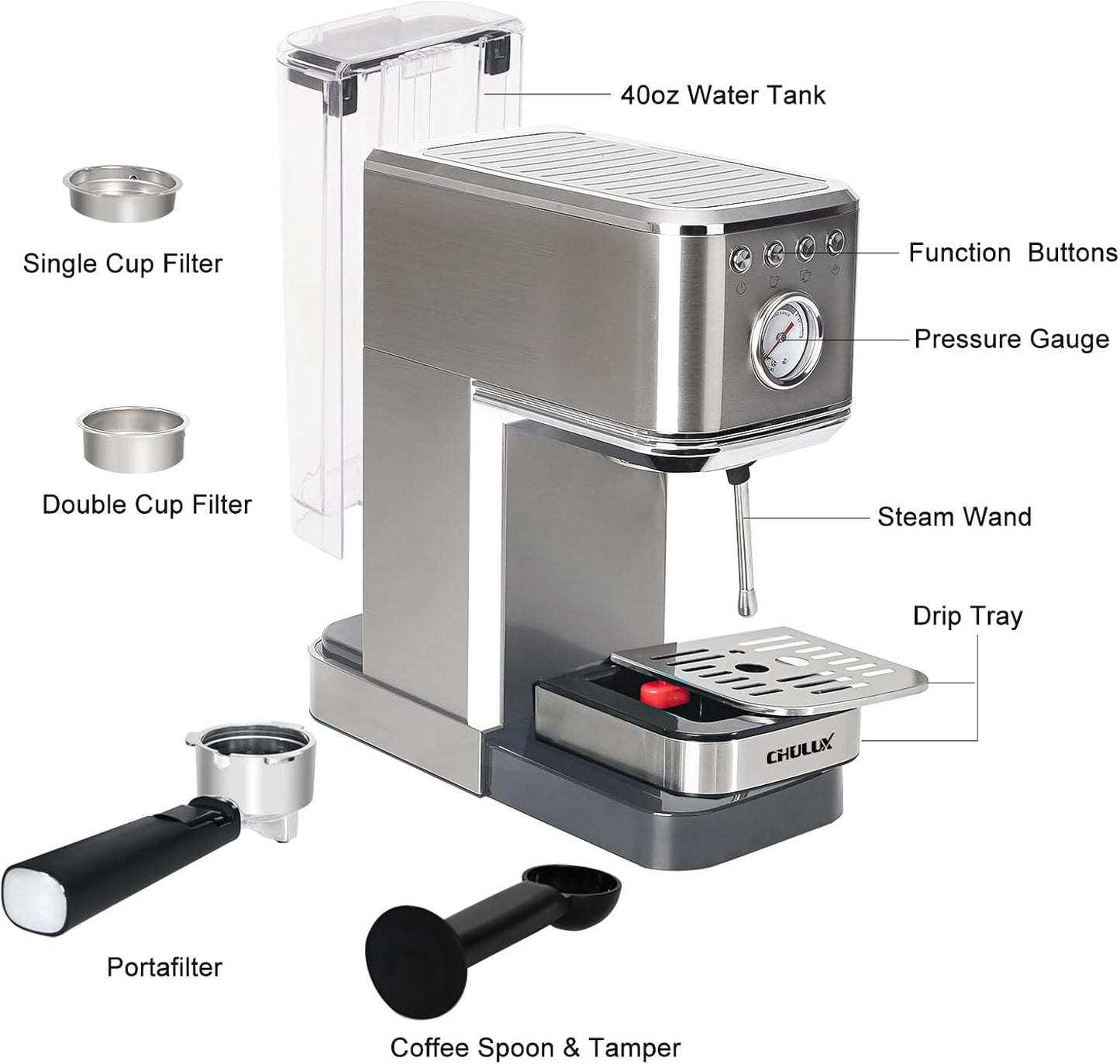 CHULUX Kom-Pro Espresso Machine 20 Bar, Semi Automatic Stainless Steel Coffee Machine for Home Latte Cappuccino Espresso Maker, Powerful Milk Frother Steam Wand