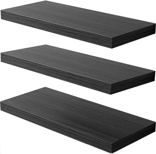 Floating Shelf, Set of 3 Wall Shelf, 24 in W x 12.75 in D x 2 in H Wooden Floating Wall Shelf with Invisible Brackets for Living Room/Bedroom/Bathroom/Kitchen Storage and Decor, Black Wood