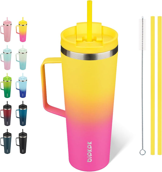 BJPKPK Insulated Tumbler with Handle, 26oz Insulated Tumblers with Lid and Straw, Stainless Steel Metal Water Bottles, Coffee Travel Mugs, Cups, Pink & Yellow Rose