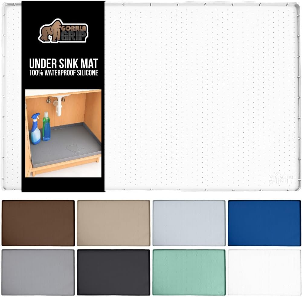 GORILLA GRIP Waterproof Silicone Under Sink Mat with Raised Lip for Kitchen and Bathroom, 28 x 22 in, Cabinet Shelf Liner Stay in Place Mats Dishwasher Safe Drawer Liner, Organizer Tray, White