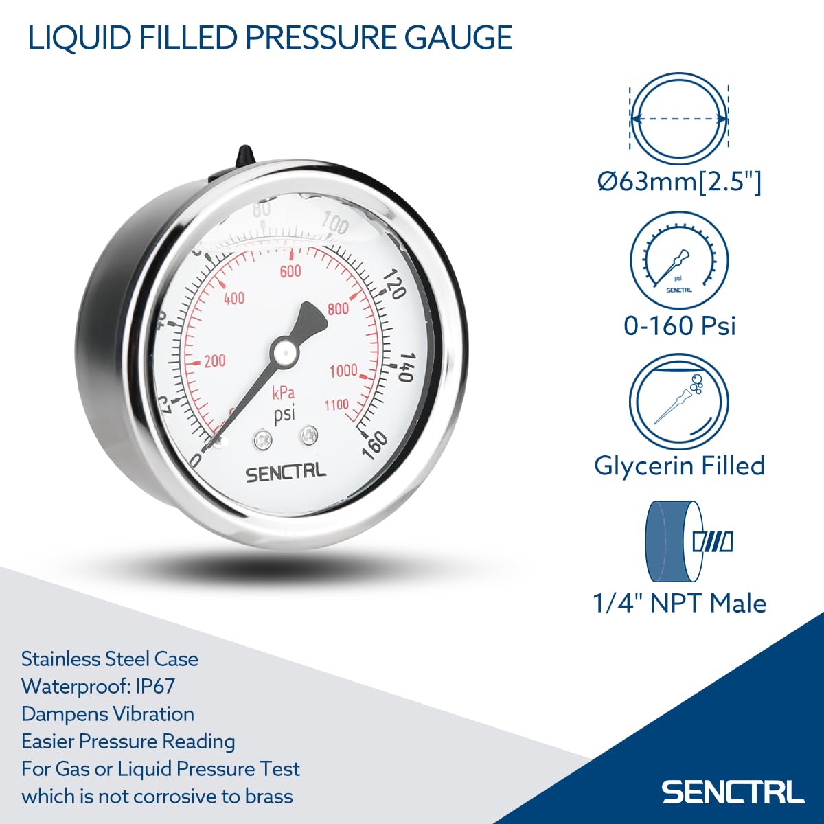 SENCTRL 0-160 Psi Glycerin Liquid Filled Air Pressure Gauge, 2.5" Dial Size, 1/4" NPT Back Mount, Stainless Steel Case, for Water Pump, Tire, Large Air Compressor, Well, RV Regulator Pressure Test