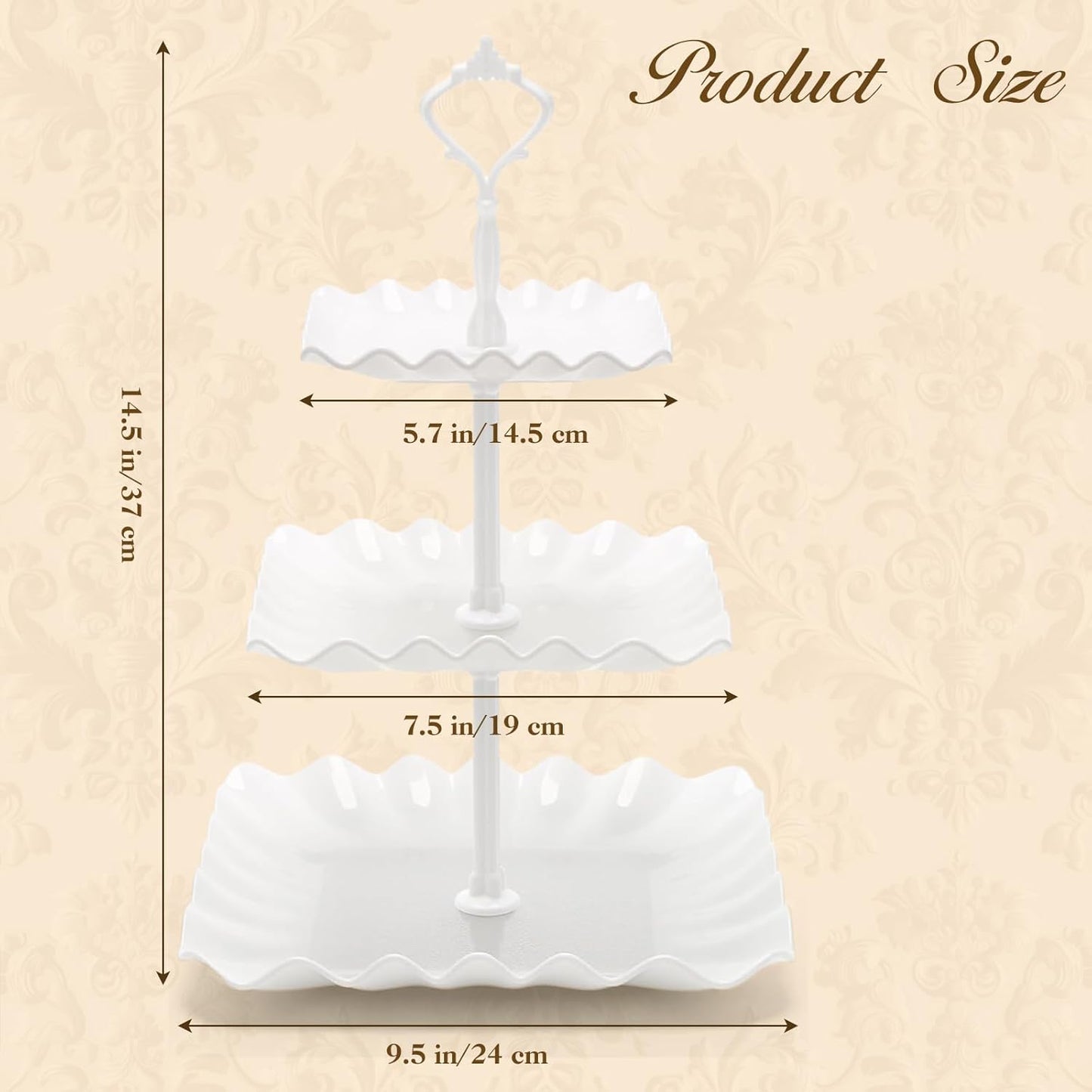 3 Tier Cupcake Stand, Durable Plastic 3 Tier Serving Tray for Cupcake, Fruit, Chocolate, Cookies, Square White Embossed Tiered Tray Stand for Wedding, Baby Shower, Party