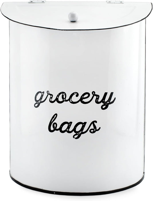 AuldHome Design Rustic Grocery Bag Holder; Wall-Mounted Vintage Enamelware Farmhouse Style Plastic Bag Dispenser for Kitchen or Laundry Room