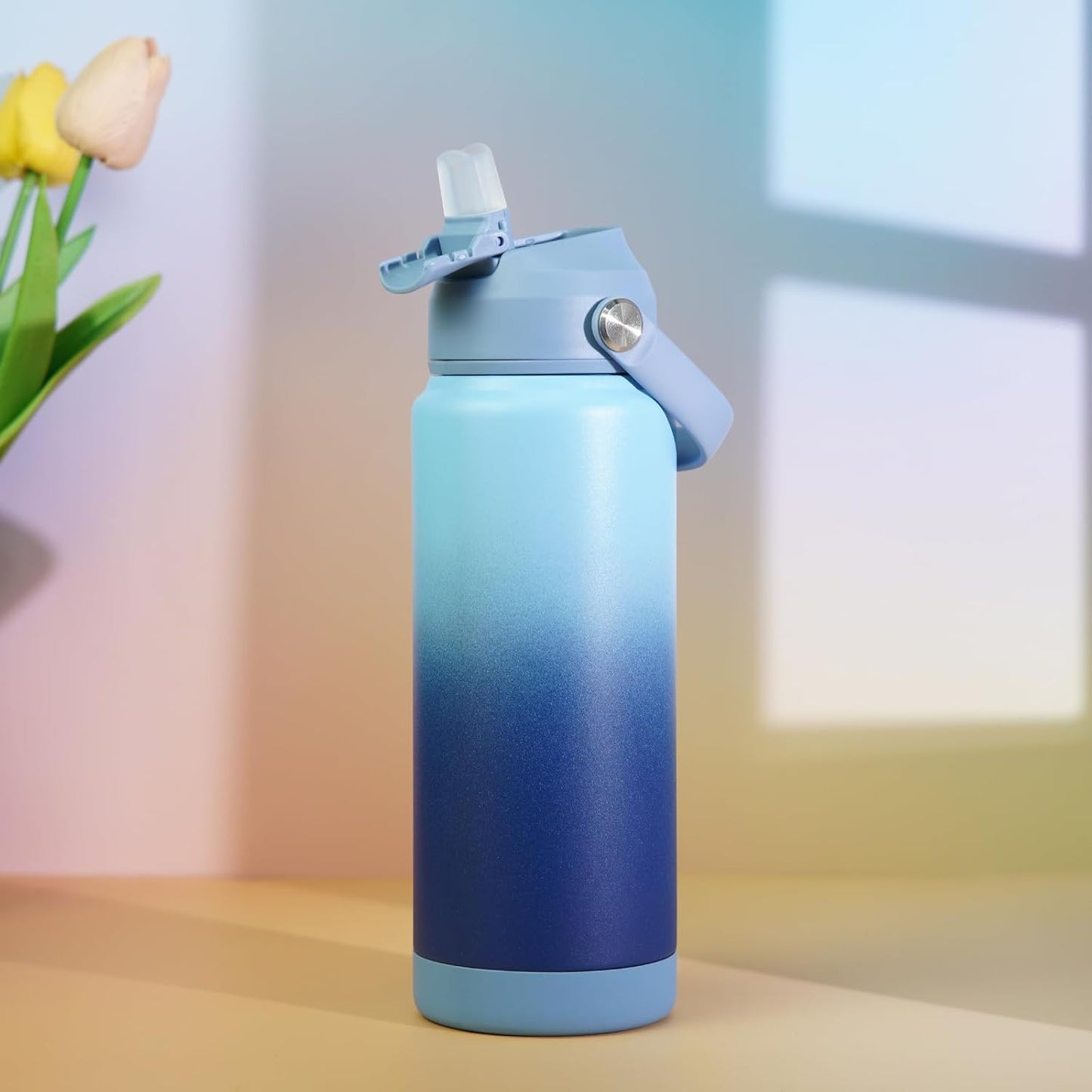 BJPKPK Water Bottle with Straw Lid, 32oz Vacuum Insulated Water Bottles, Metal Stainless Steel Thermos for Sports, Travel, BPA Free Leak Proof Thermos, Cups, Flasks, Tumblers,Sky