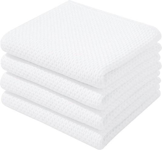 Homaxy 100% Cotton Waffle Weave Kitchen Dish Towels, Ultra Soft Absorbent Quick Drying Cleaning Towel, 13 x 28 Inches, 4-Pack, White