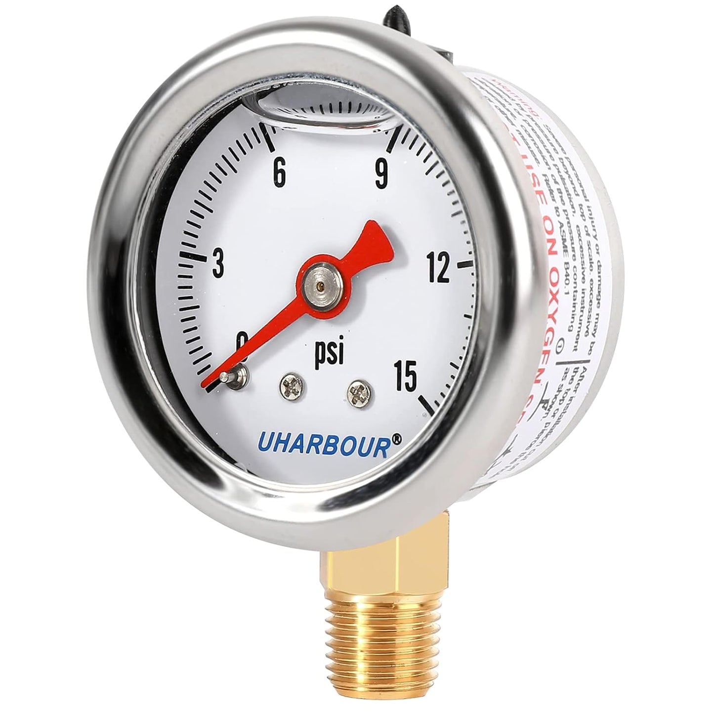 Glycerin Filled Pressure Gauge with 304 Stainless Steel Case, 1-1/2" Dial Size, 0-15Psi, High Accuracy, 1/8" NPT Center Lower Mount with Single Scale