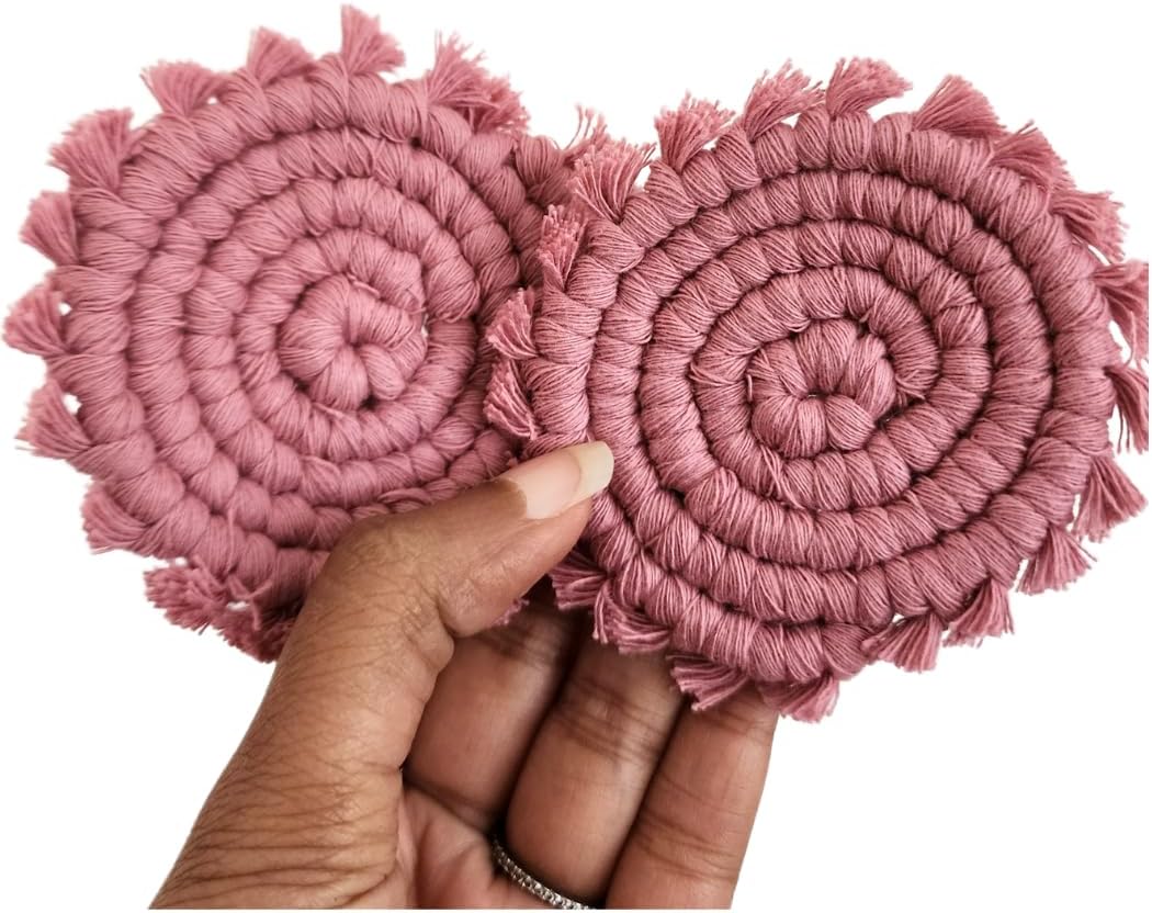 Cotton Car Coasters for Cup Holders, 2PC Car Cup Coasters, Drink Coaster Holder, Cute cupholder Coaster Accessories for Women, Macrame, Boho(Champagne Pink)