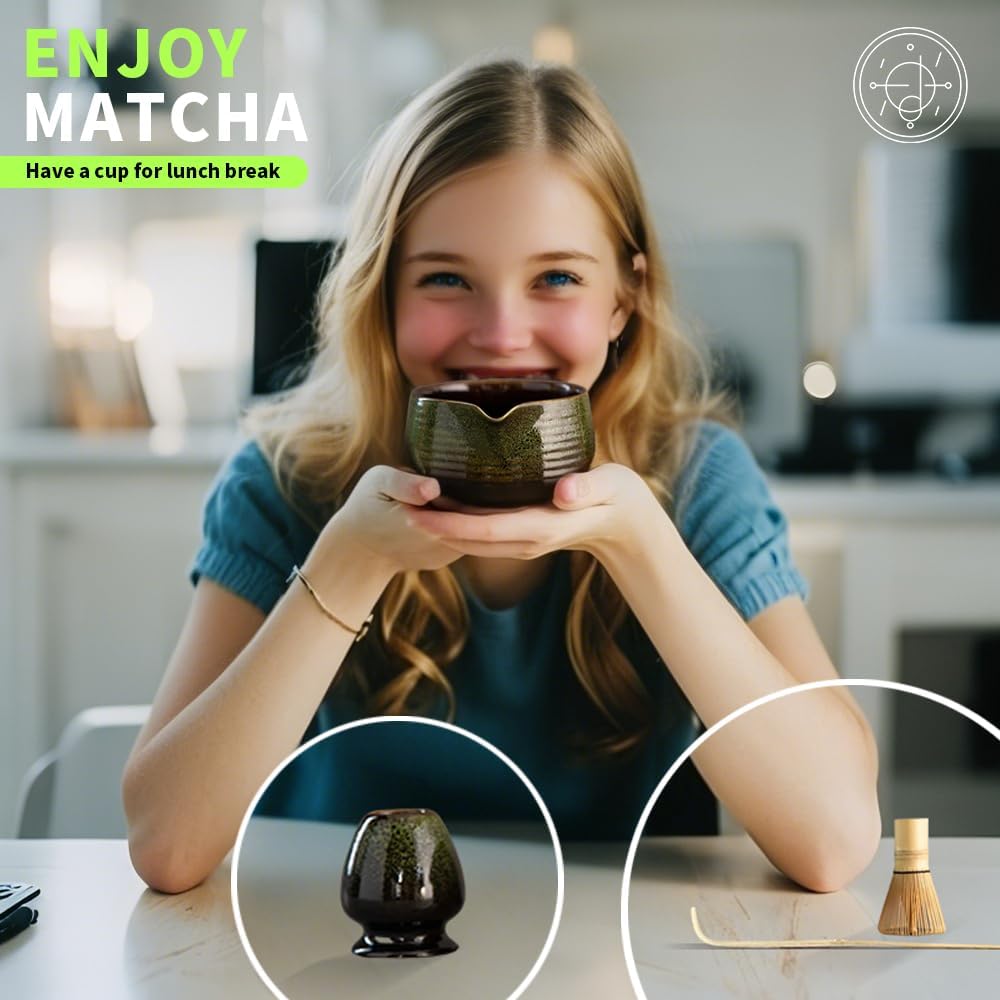 Traditional Matcha Tea Ceremony Tools, 4 Pcs Bamboo Matcha Whisk Set and Matcha Bowl with Spout and Whisk for Ceremony, Gift-Ready Presentation