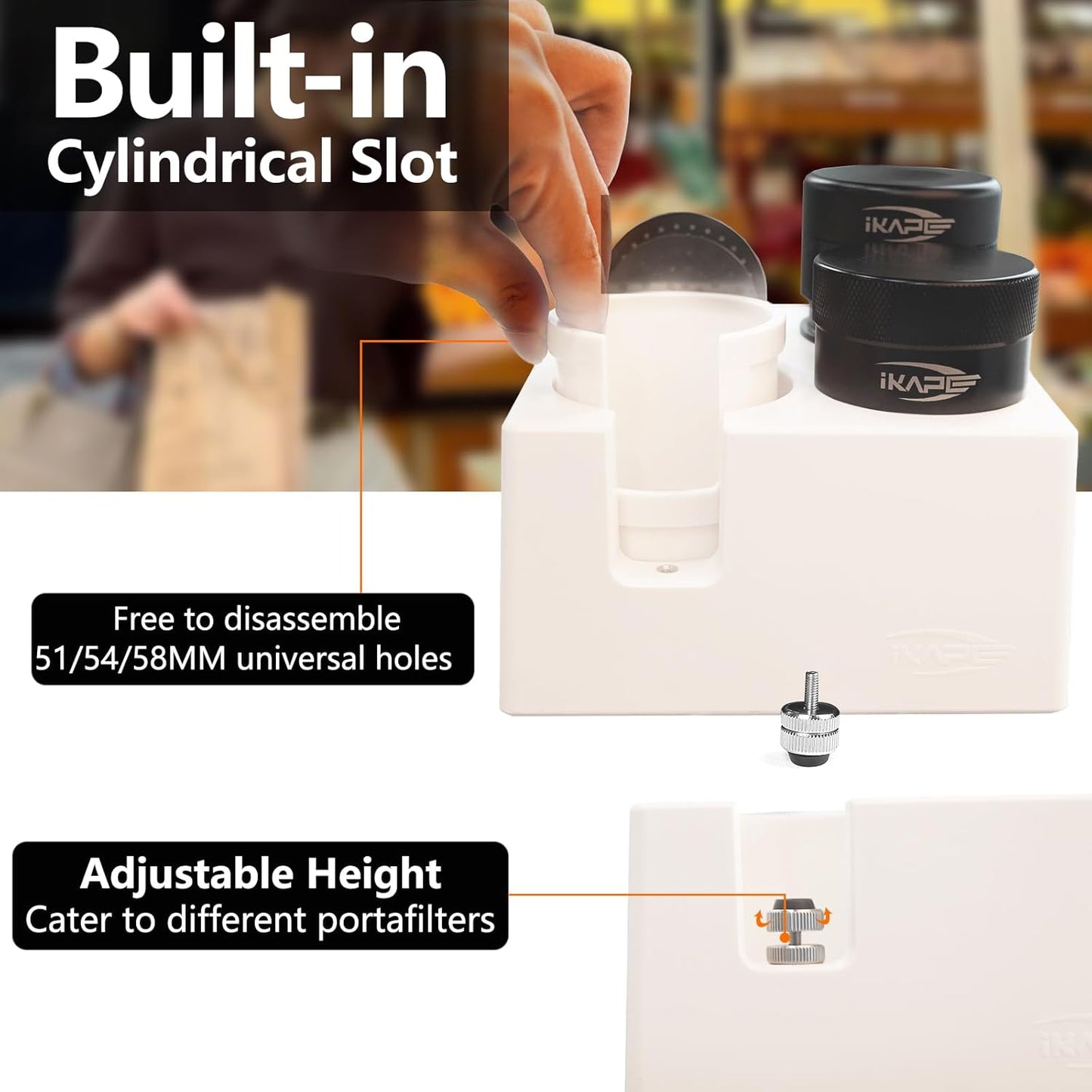 IKAPE ABS Espresso Knock Box, 7 in 1 Coffee Organizer Box Fit for Storage 51, 54, 58MM Espresso Tamper, Distributor, Portafilter & Puck Screen Accessories(White)