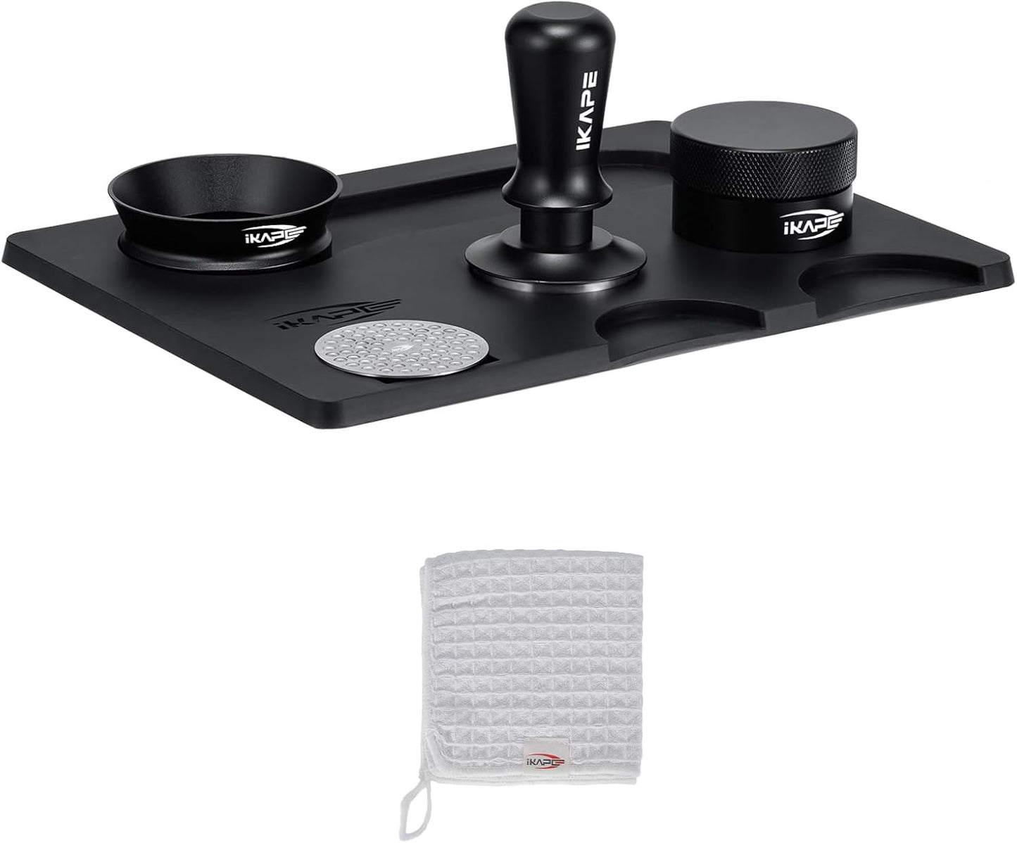 IKAPE 53.3MM Espresso Tamper Kit Black 6 IN 1, Espresso Tool Kit with Coffee Tamper, Distributor, Magnetic Dosing Funnel, Silicone Mat, Puck Screen, Cleaning Towel