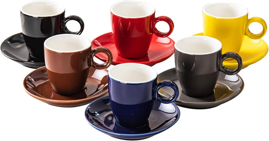 2.5oz Espresso Cups with Saucers Set, Colorful Coffee Cups Set, Ceramics Tea Cup with Handle, Coffee Mugs Set of 6, Assorted Colors