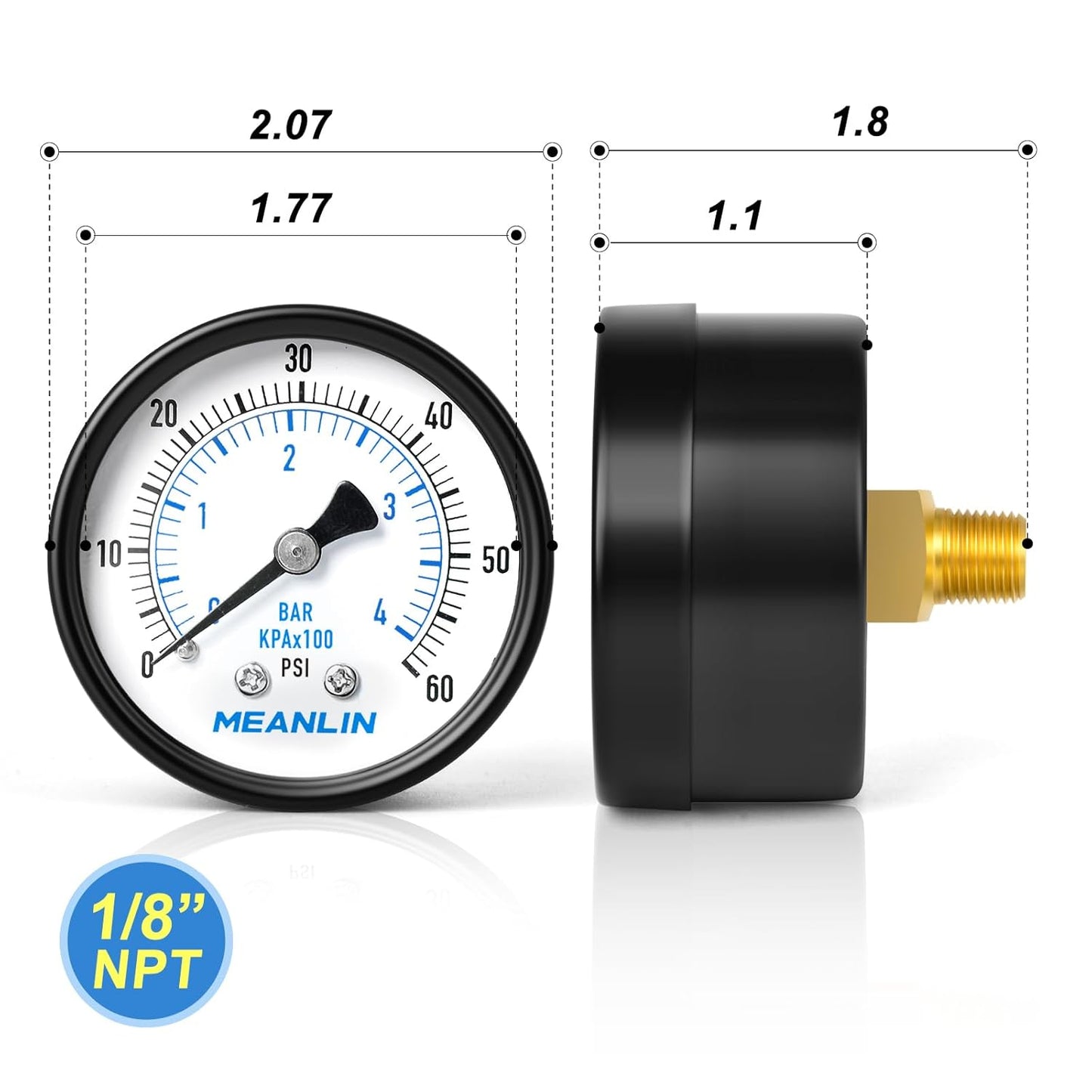 MEANLIN MEASURE 0-60Psi 2" DIAL FACE 1/8" NPT Well Pump Pressure Gauge, with 1/4" NPT and 3/8" NPT Hex Bushing, 3-2-3% Accuracy, Center Back Mount