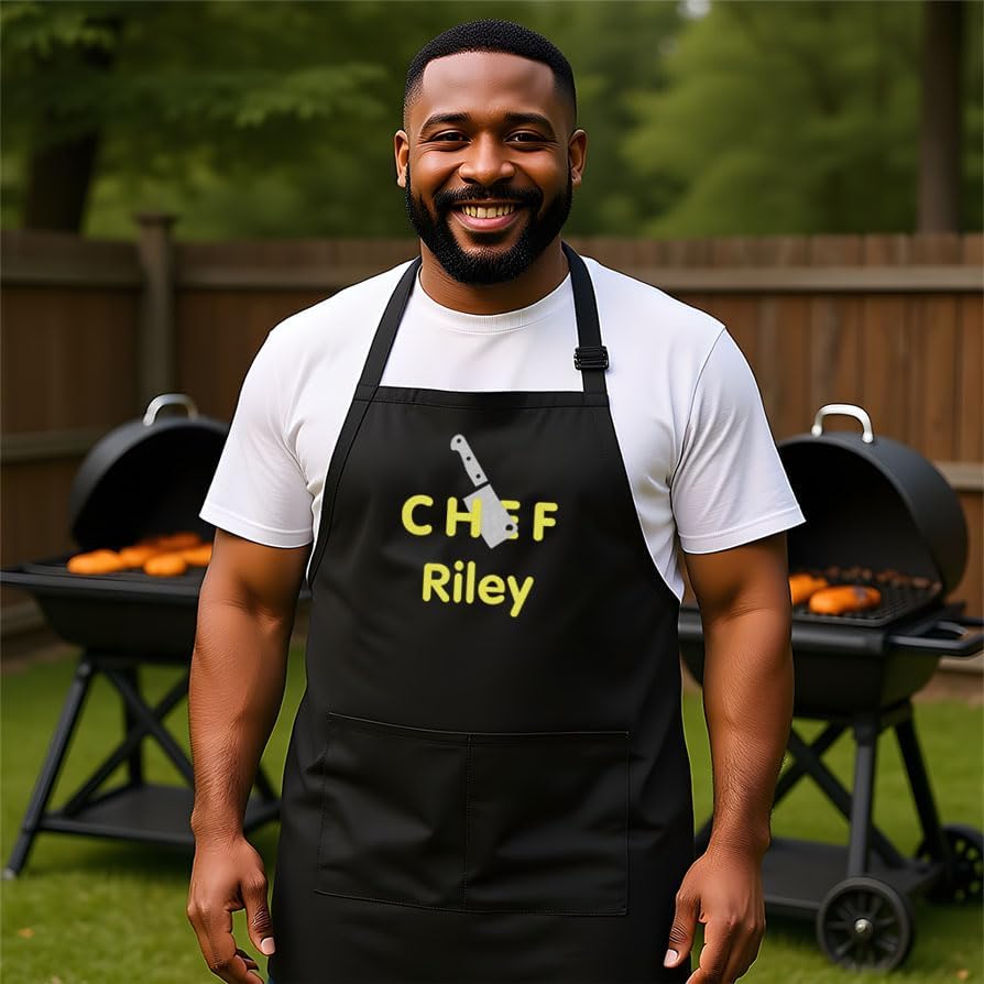 Personalized Chef Apron for Men, Custom Embroidered Design, Professional Kitchen Cooking BBQ Grilling for Dad, Decorated in USA