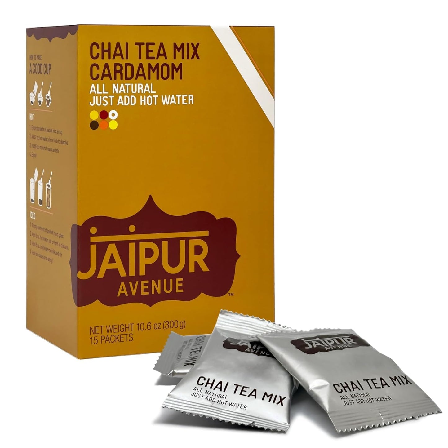 Jaipur Avenue Cardamom Chai Tea Mix Crafted with All-Natural Assam Black Tea, Cardamom, Cane Sugar, and Premium Dry Milk - Preservative-Free, Gluten-Free, Authentic Indian Chai Tea Latte (15 Servings)
