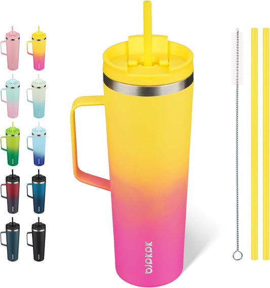BJPKPK Insulated Tumbler with Handle, 30oz Insulated Tumblers with Lid and Straw, Stainless Steel Metal Water Bottles, Coffee Travel Mugs, Cups, Pink & Yellow Rose