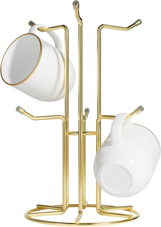 HULISEN Mug Holder for Large Cups, Mug Tree for Counter with 6 Hooks, Metal Coffee Mug Stand for Easy Pick, Place and Display, Coffee Bar Accessories and Decor, Free Standing Mug Rack, Gold