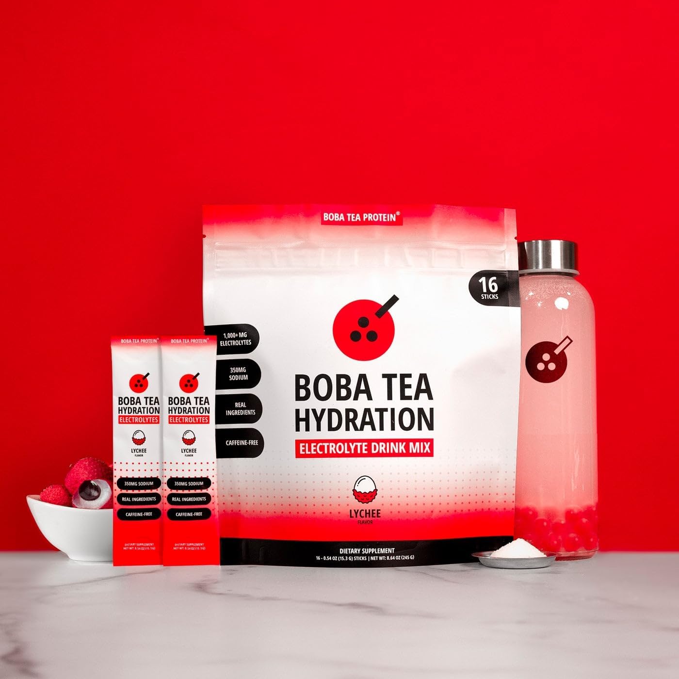 Boba Tea Hydration | Electrolyte Powder Drink Mix | Lychee | 1000mg Electrolytes, Vitamin C | 16 Stick Packets