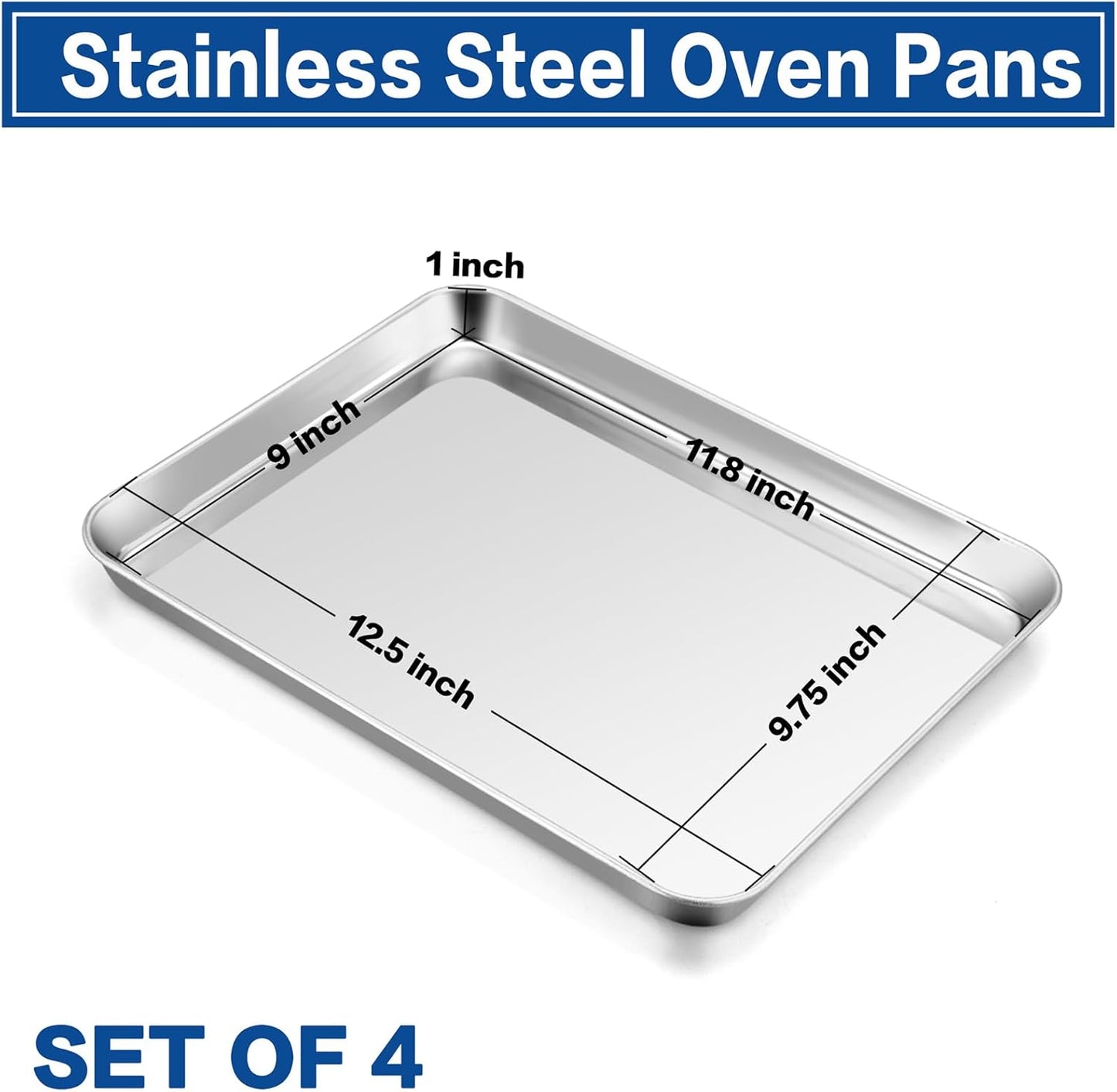 P&P CHEF 12.5 Inch Baking Cookie Sheet, Oven Pan Tray Stainless Steel Sheet Pan for Kitchen, Oven Bakeware for Multi Uses, Shiny Look & Dishwasher Safe, Healthy & Heavy Duty, 4Pcs