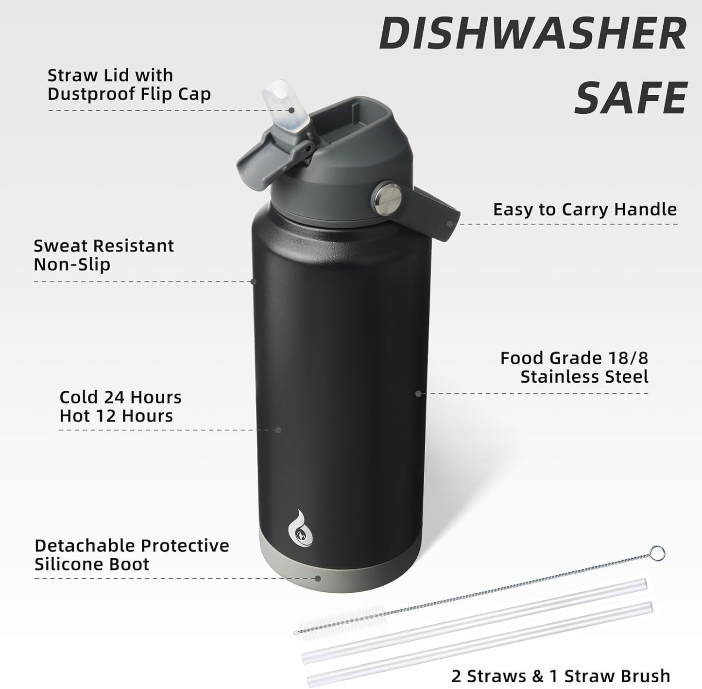 BJPKPK Water Bottle with Straw Lid, 32oz Vacuum Insulated Water Bottles, Metal Stainless Steel Thermos for Sports, Travel, BPA Free Leak Proof Thermos, Cups, Flasks, Tumblers,Black