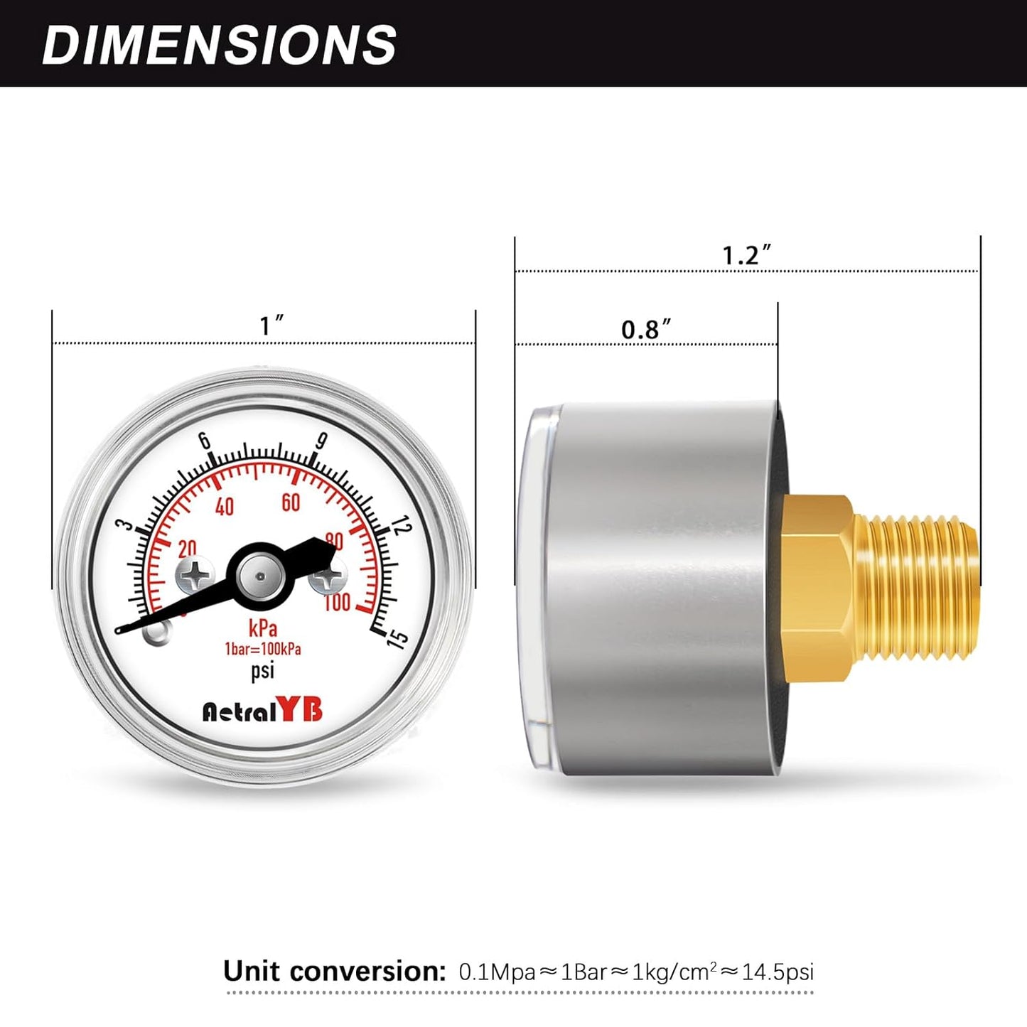0-15 Psi Pressure Gauge, 1" Dial, 1/8 Npt Back Mount, Mini Air Gauge, 100kPa Air Pressure Gauge, Stainless Steel Case, for Water Pumps, Air Compressors Pressure Test