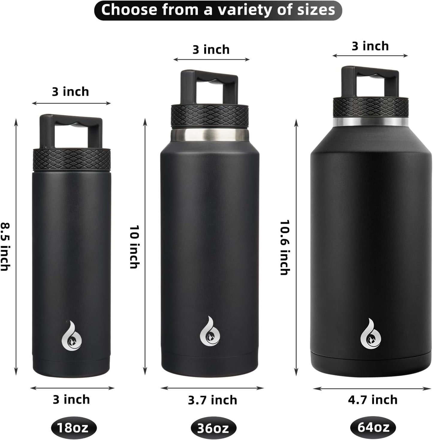 BJPKPK Insulated Water Bottles, Dishwasher Safe 36 oz Water Bottle with Handle, Leakproof BPA Free Water Jug, Stainless Steel Thermos for Sports, Black