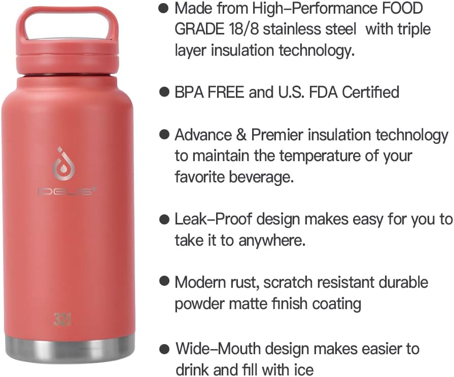 IDEUS Insulated Stainless Steel Water Bottle with 2 Leak-Proof Lids, Thermal Water Flask for Hiking Biking, 32oz, Red