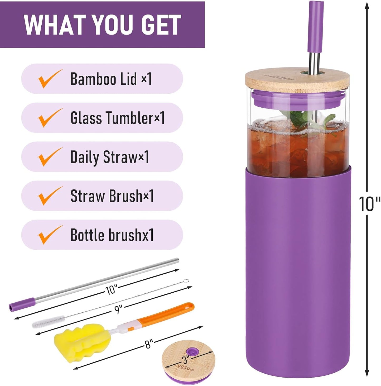 1Pack Glass Tumbler/Lid & Straw - 24oz Reusable Glass Mug w/Bamboo Lid & Stainless Steel Straw-BPA-Free Leak-Proof, Dishwasher Safe for Coffee, Smoothies, Hot Beverage, Travel, Office, Home Use