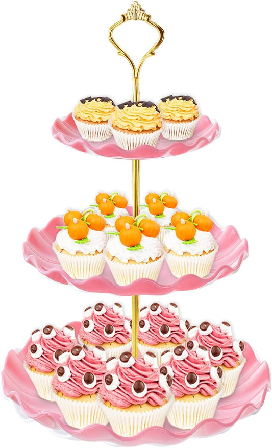 3 Tier Cupcake Stand Holder, BACUTHY Plastic Cup Cake Stand Tower with Tiered Serving Tray for Cupcakes, Donuts, Fruits and More, Pink