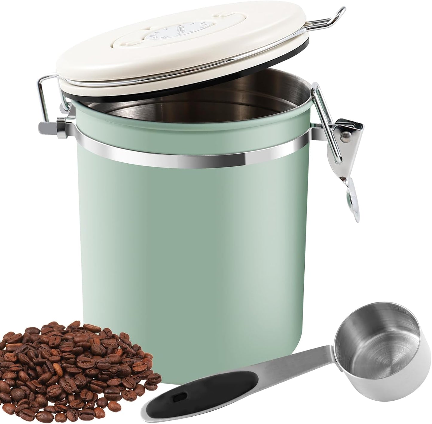 2Pcs Coffee Storage Canister 1.5L Double Airtight Coffee Beans Container with Date Locator 304 Stainless Steel Kitchen Food Storage Container with Spoon for Coffee Beans Grounds Tea,Green Sugar,Green