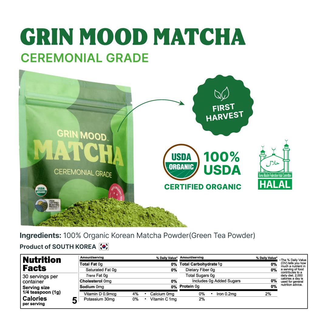 GRIN MOOD Matcha Organic Ceremonial Green Tea Powder(3.53oz) - Decaffeinated First Harvest Green Tea, Authentic Korean Matcha, Halal, Eco-Friendly Recyclable Package