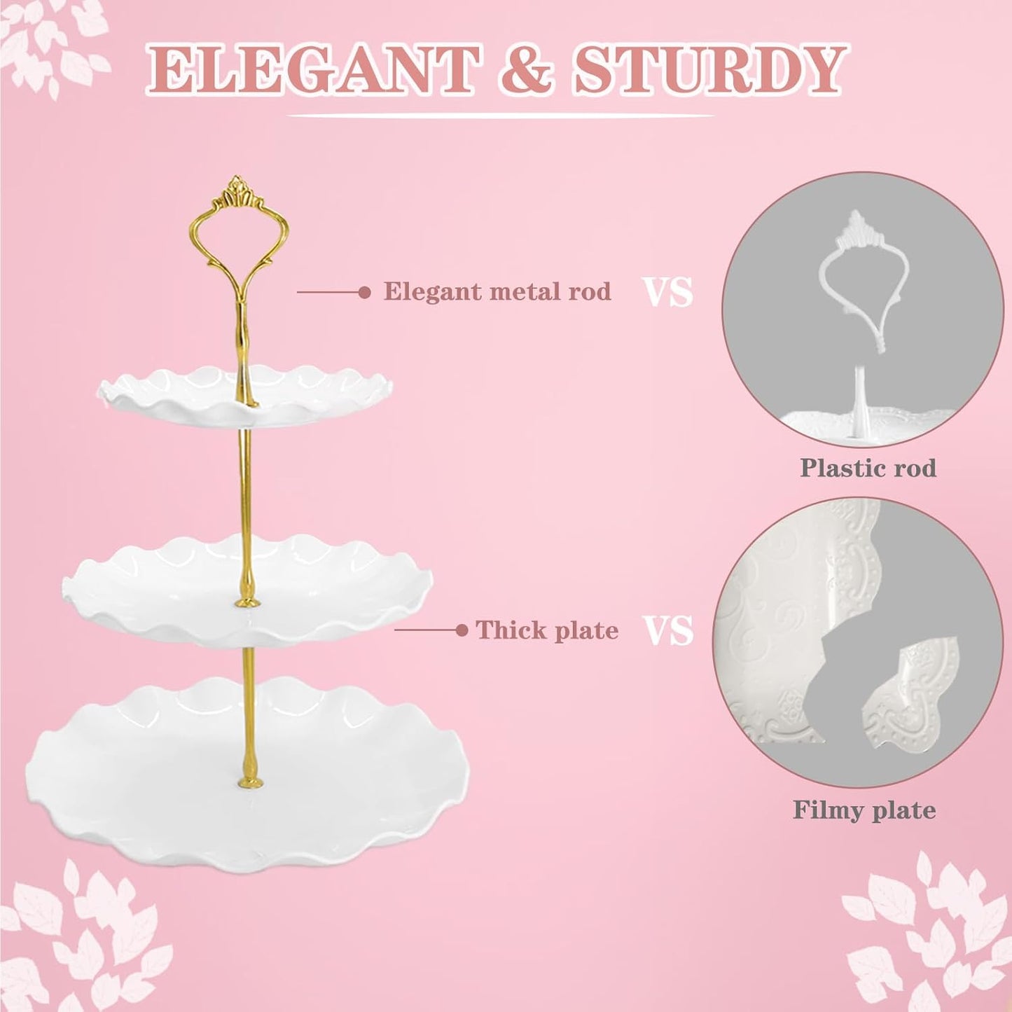 5 Pcs Dessert Table Display Set, White Plastic 2 Pcs Round 3 Tier Cupcake Stand Cup Cake Tower Stand with Metal Rod & 3 Pcs Serving Tray for Baby Shower, Tea Party, Wedding, Birthday Party