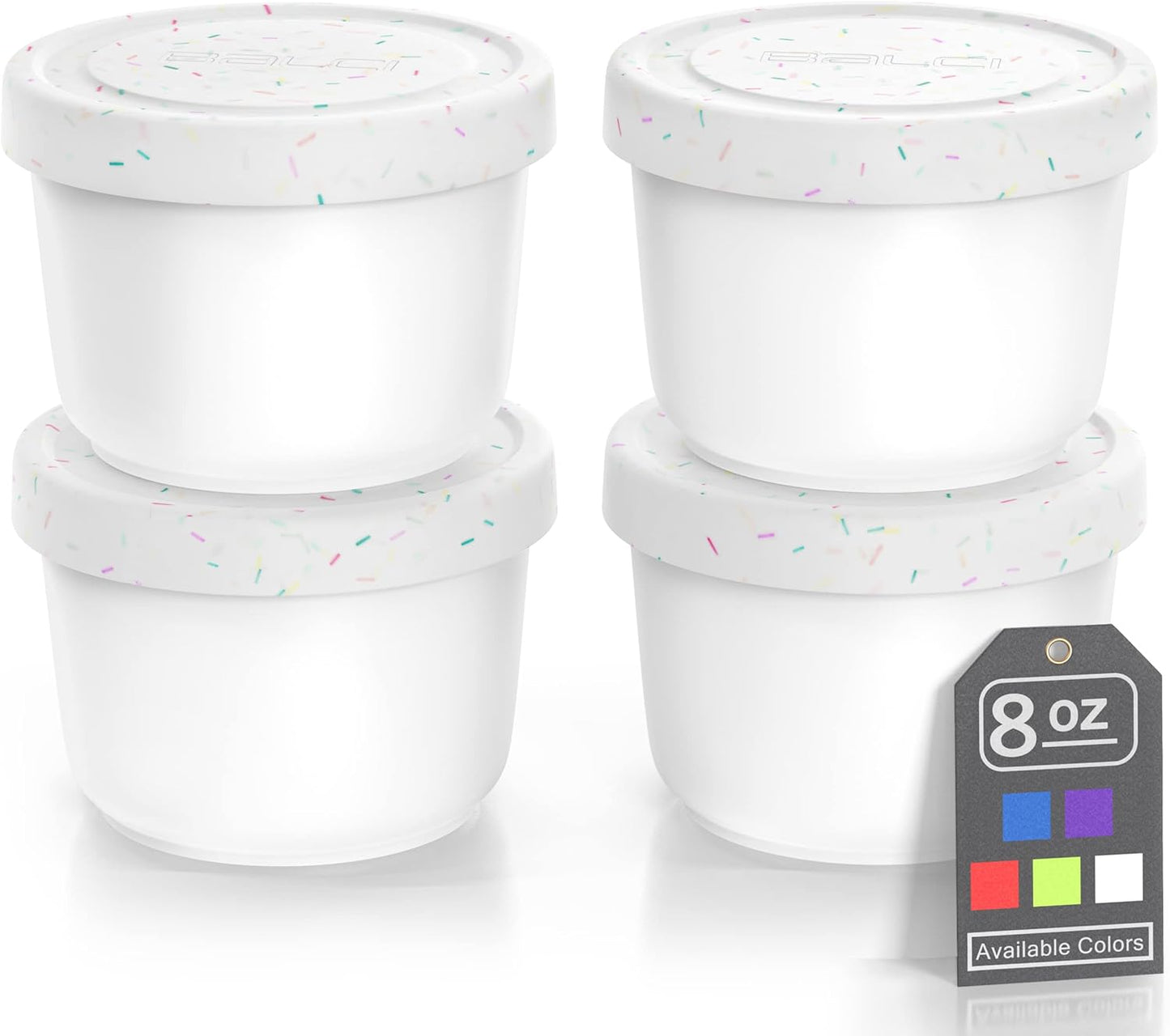 BALCI - 8oz Mini Ice Cream Containers with Silicone Lids (Set of 4) - Freezer Food Storage Containers, Reusable, LeakProof, For Homemade IceCream Containers - White with Sprinkles