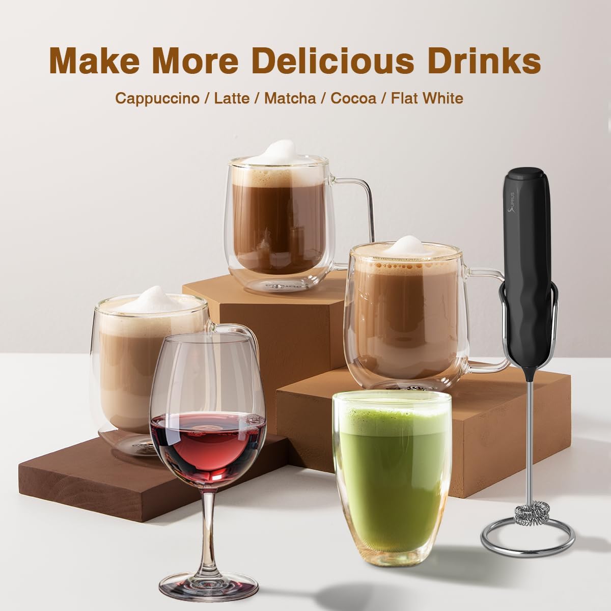 SUPRUS Ultra Fast Handheld Milk Frother Double Whisk with Stand 2 Batteries Stainless Steel for Lattes Cappuccino Matcha Hot Chocolate Coffee Bar Accessories Kitchen Gadgets Gift